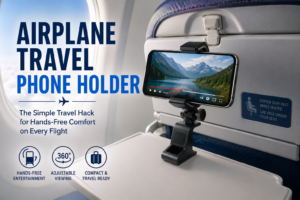 Alt Tag: Airplane travel phone holder attached to airplane tray table providing hands-free phone viewing and comfortable in-flight entertainment during travel