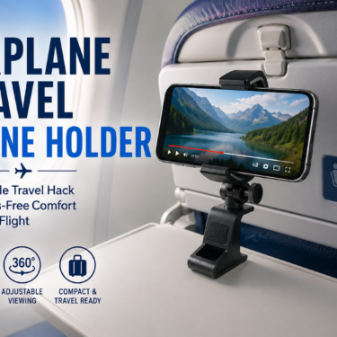Alt Tag: Airplane travel phone holder attached to airplane tray table providing hands-free phone viewing and comfortable in-flight entertainment during travel