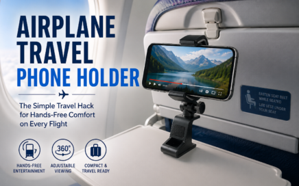 Alt Tag: Airplane travel phone holder attached to airplane tray table providing hands-free phone viewing and comfortable in-flight entertainment during travel