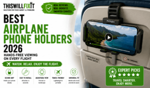 Best airplane phone holders for hands-free viewing during flights, featuring a Perilogics-style universal phone mount securely attached to an airplane tray table for watching movies, streaming videos, and using your smartphone comfortably while traveling.