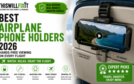 Best airplane phone holders for hands-free viewing during flights, featuring a Perilogics-style universal phone mount securely attached to an airplane tray table for watching movies, streaming videos, and using your smartphone comfortably while traveling.