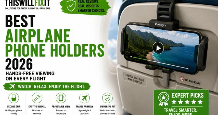 Best airplane phone holders for hands-free viewing during flights, featuring a Perilogics-style universal phone mount securely attached to an airplane tray table for watching movies, streaming videos, and using your smartphone comfortably while traveling.