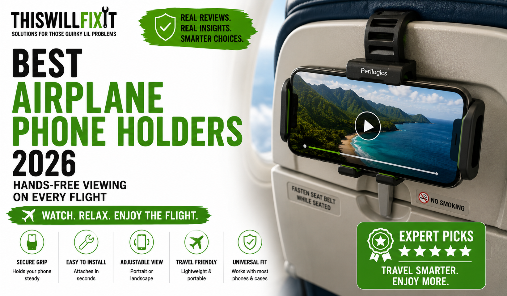 Best airplane phone holders for hands-free viewing during flights, featuring a Perilogics-style universal phone mount securely attached to an airplane tray table for watching movies, streaming videos, and using your smartphone comfortably while traveling.