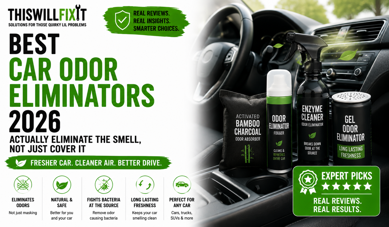 Best car odor eliminators for removing stubborn vehicle odors, featuring activated charcoal bags, enzyme cleaners, odor foggers, and long-lasting air fresheners that eliminate smoke, pet, food, and mildew smells instead of just masking them.