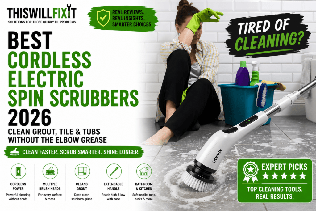 Best cordless electric spin scrubbers for cleaning grout, tile, tubs, showers, and bathroom surfaces, featuring a powerful cordless scrubber that removes stubborn grime with less effort while helping tired homeowners clean faster without the elbow grease.