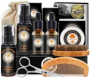 full beard grooming kit with brush, oils and conditioners