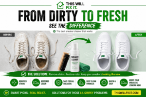 Best sneaker cleaner before-and-after hero image showing dirty white sneakers restored to a clean, fresh appearance using a sneaker cleaning solution and brush.