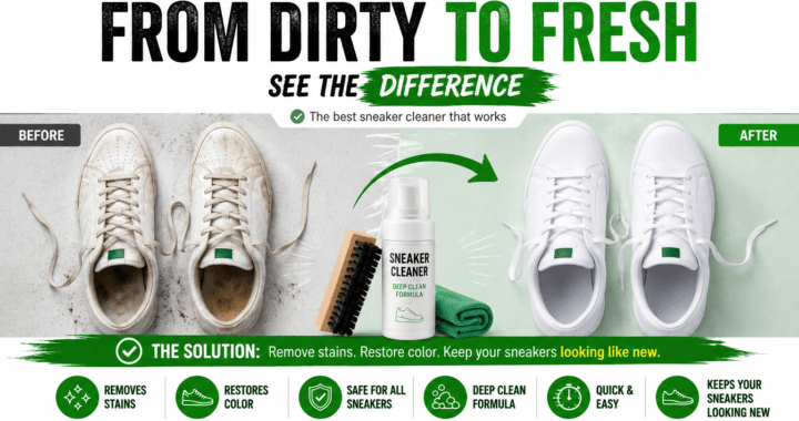 Best sneaker cleaner before-and-after hero image showing dirty white sneakers restored to a clean, fresh appearance using a sneaker cleaning solution and brush.