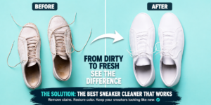 best sneaker cleaner before and after showing dirty sneakers restored to clean white shoes with powerful cleaning solution