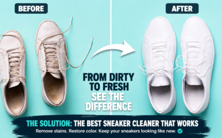 best sneaker cleaner before and after showing dirty sneakers restored to clean white shoes with powerful cleaning solution