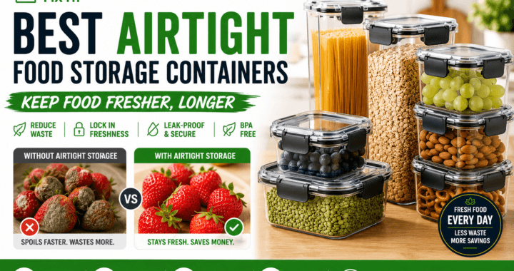 Best airtight food storage containers showing stackable leak-proof containers keeping pasta, oats, fruit, nuts, and pantry foods fresher longer while reducing food waste.