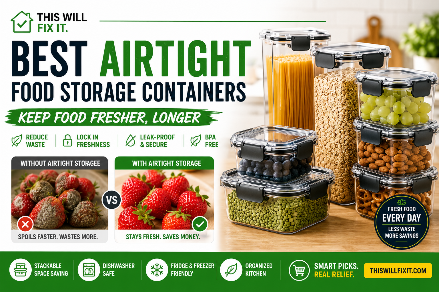 Best airtight food storage containers showing stackable leak-proof containers keeping pasta, oats, fruit, nuts, and pantry foods fresher longer while reducing food waste.