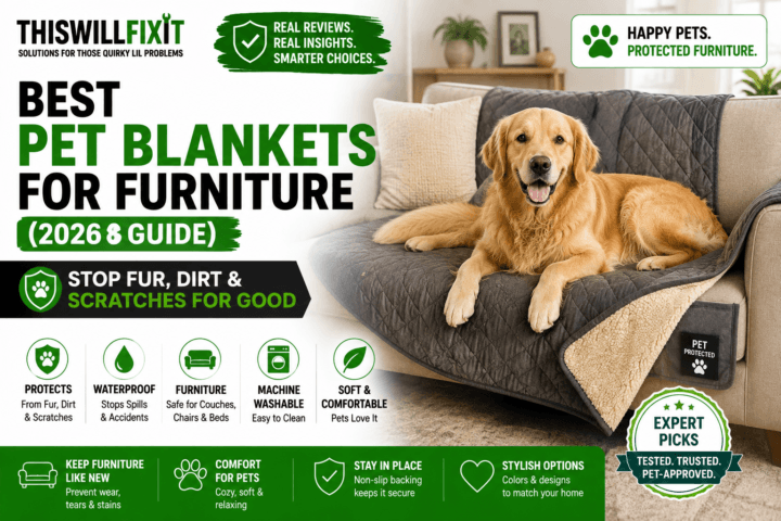 Best pet blankets for furniture 2026 featuring a dog on a protective couch blanket designed to stop pet hair, dirt, scratches, spills, and stains while keeping furniture clean and pets comfortable.