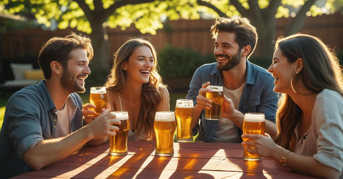 A group of friends enjoying cold beers on a sunny summer afternoon in a vibrant backyard. The scene is filled with warm, golden sunlight, dappled shadows under lush green trees. They are laughing and chatting, showcasing a relaxed and friendly atmosphere. The image resolution should be 1200W x 628H. The style should be photorealistic, with a focus on capturing the casual joy of the moment