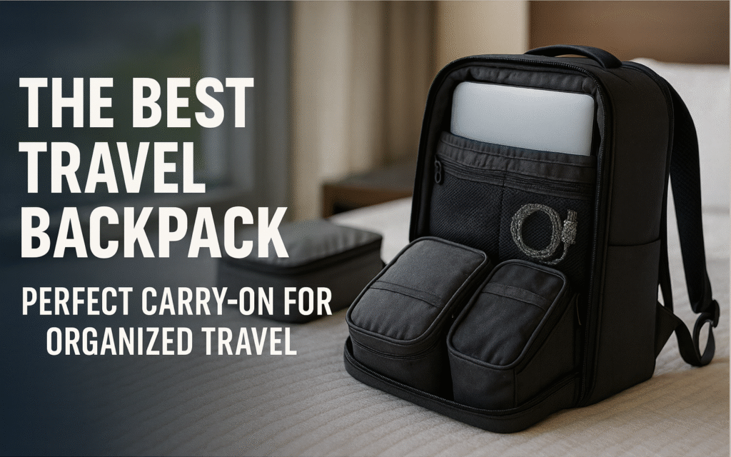 Carry-on travel backpack open with organized compartments, laptop, and accessories in natural light.