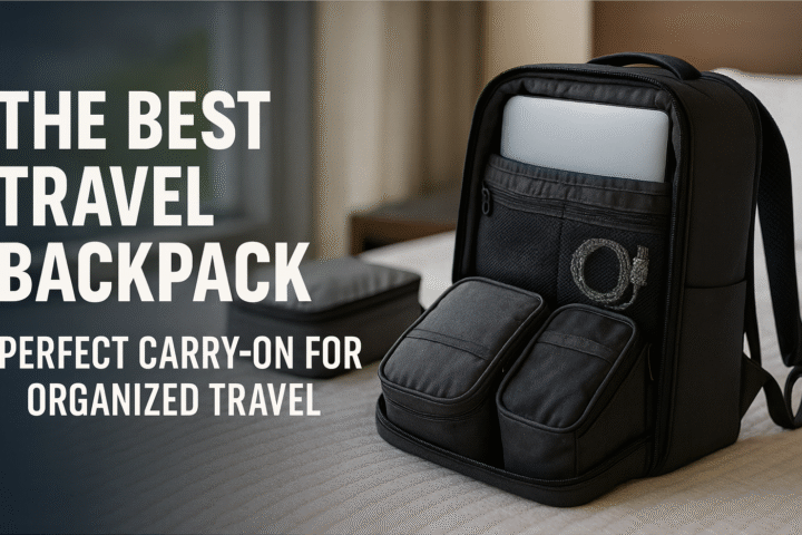 Carry-on travel backpack open with organized compartments, laptop, and accessories in natural light.