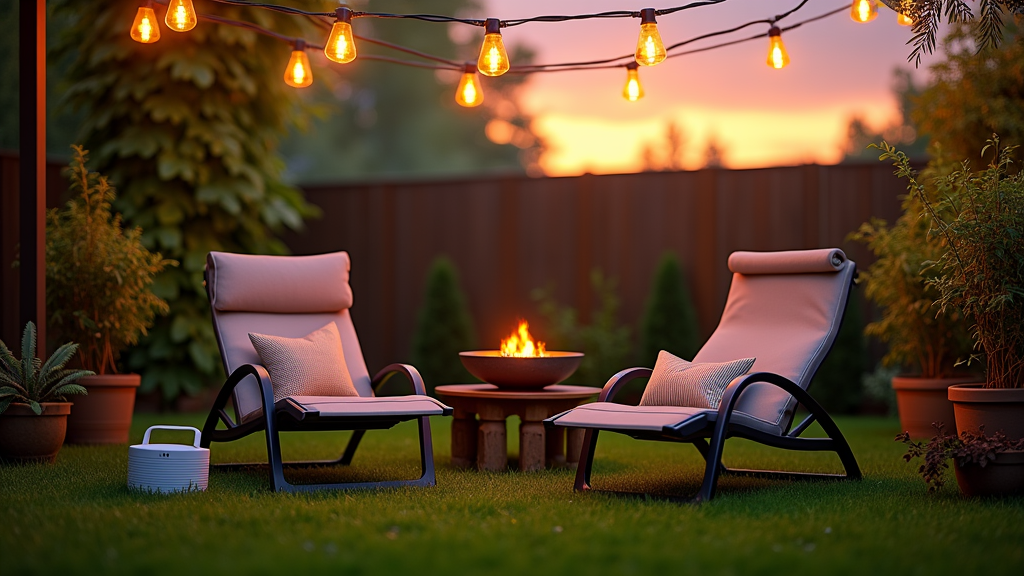 Affordable backyard resort setup with string lights, lounge chairs, and fire bowl on a green lawn