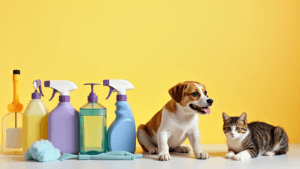 image of a cat and dog sitting with cleaning products for pets