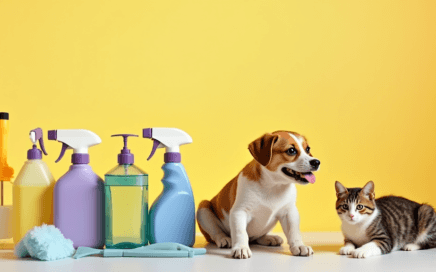 image of a cat and dog sitting with cleaning products for pets