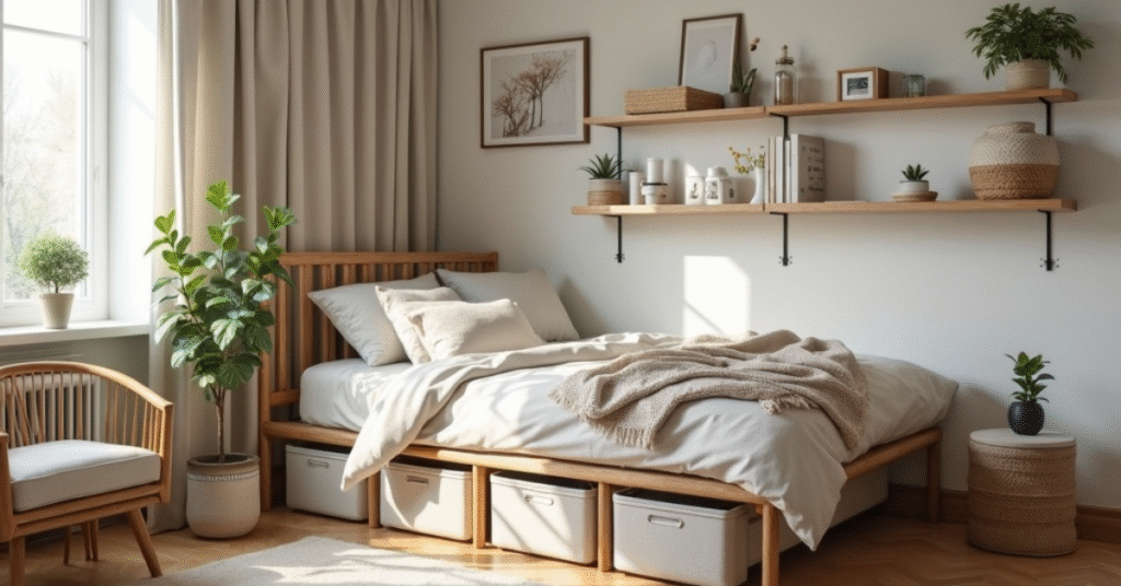 Messy bedroom with unmade bed, scattered clothes, and cluttered surfaces reflecting daily disarray