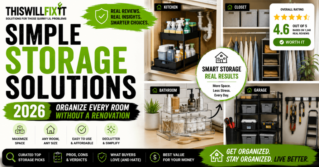 **Alt Tag:**

Simple storage solutions for every room featuring under-sink organizers, closet storage bins, bathroom organizers, and garage shelving to maximize space and organize your home without a renovation.
