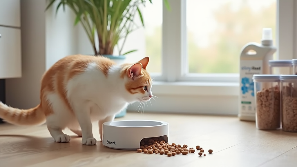 Close-up of a smart cat feeder with safety lock features and a pet eating peacefully.