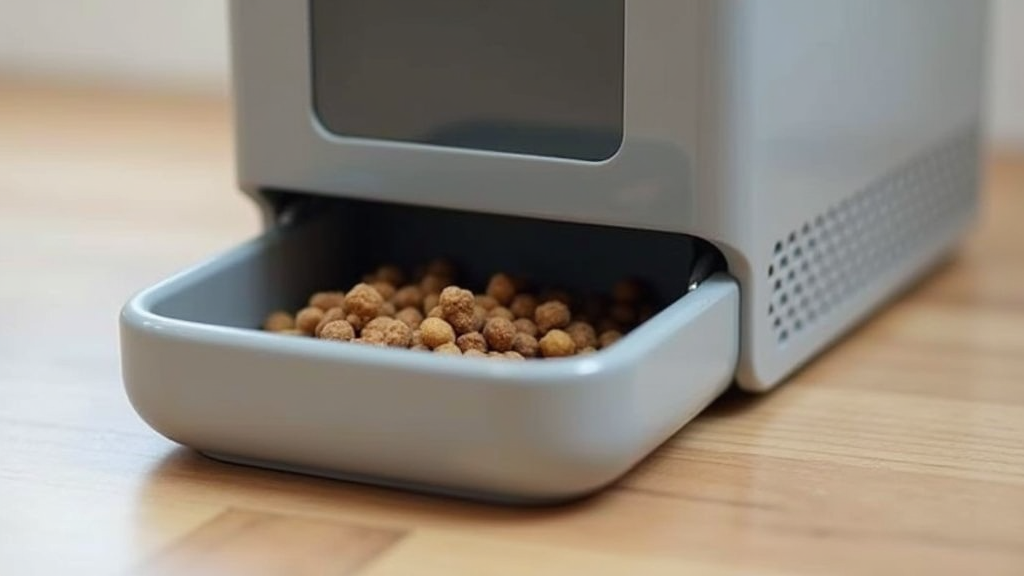 Inside look at a smart cat feeder, showing the food storage, delivery mechanism, and a phone showing feeding controls.
