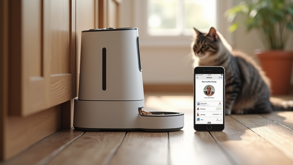 Smart automatic cat feeder dispensing kibble to a cat with a phone displaying the feeder's app nearby.