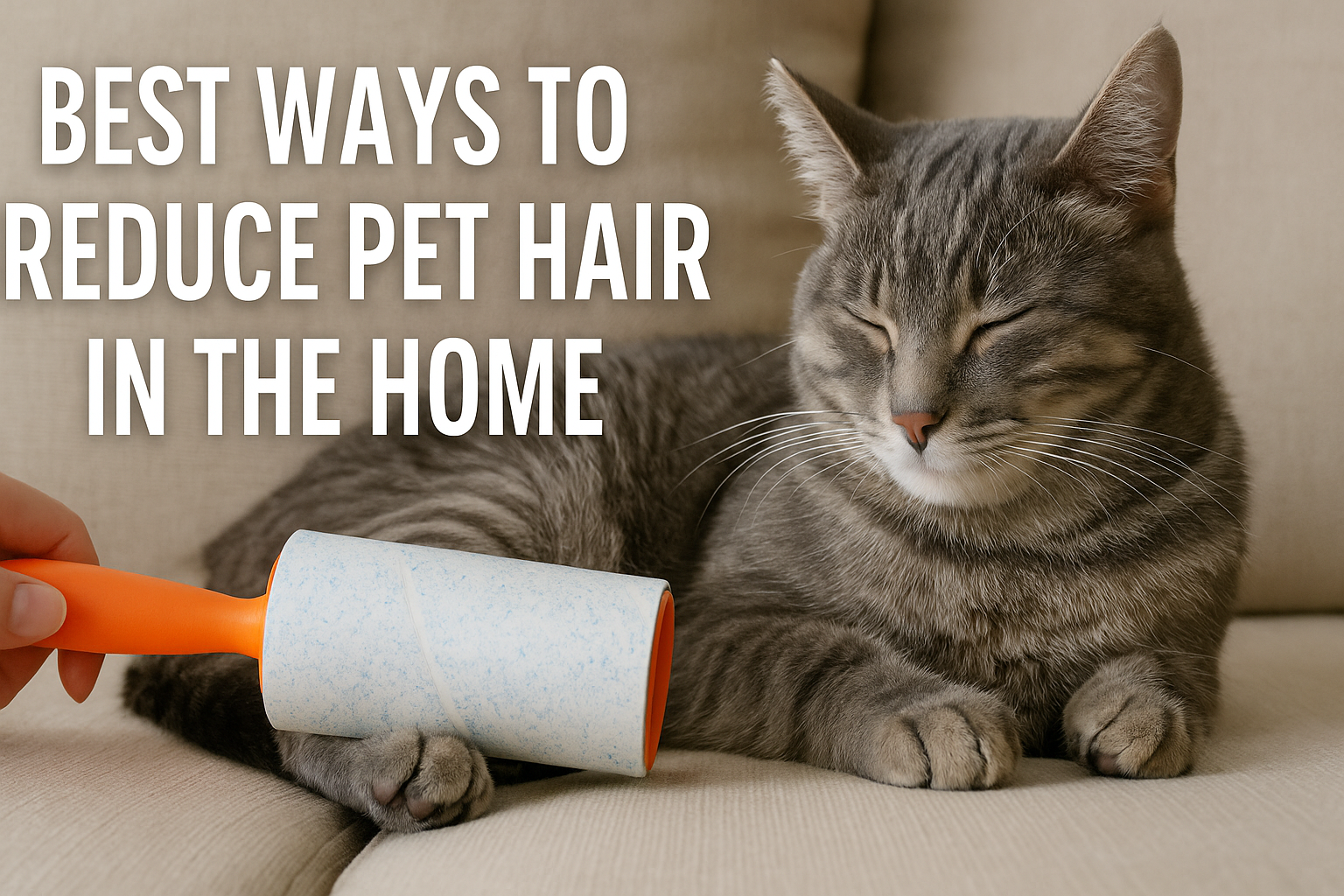 Gray tabby cat lounging on beige couch while a lint roller removes pet hair, with caption reading Best Ways to Reduce Pet Hair in the Home.