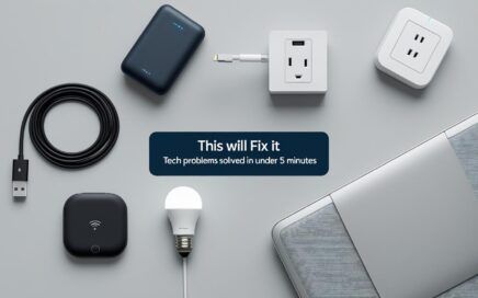 Flat lay of modern tech gadgets including a power bank, Wi-Fi extender, wireless earbuds, smart tracker, and power strip on a white background with text overlay that reads ‘This Will Fix It: Tech Problems Solved in Under 5 Minutes.