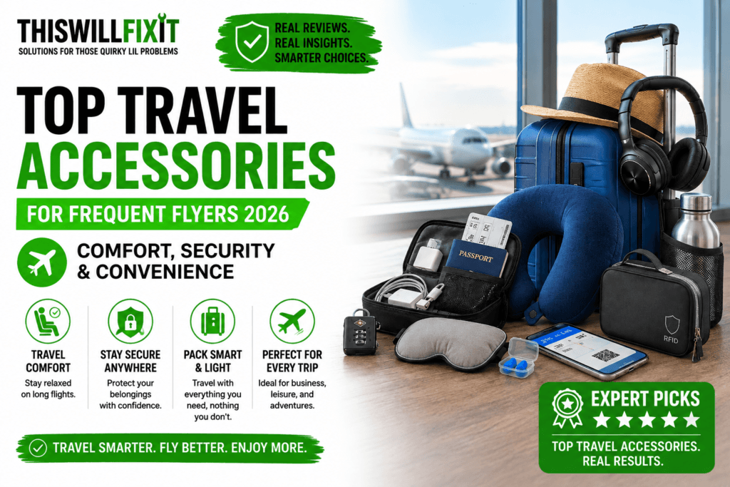 Top travel accessories for frequent flyers featuring a carry-on suitcase, travel neck pillow, noise-canceling headphones, passport organizer, RFID wallet, travel lock, sleep mask, reusable water bottle, and other essential travel gear for comfortable, secure, and organized trips.