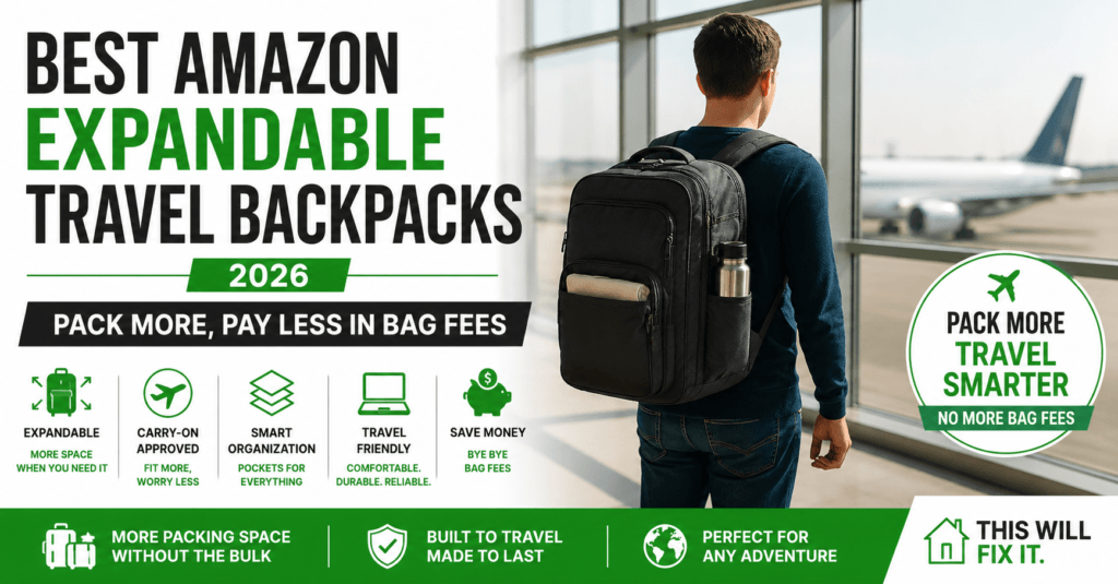 Best Amazon Expandable Travel Backpacks 2026 hero image showing a traveler wearing an expandable carry-on backpack at an airport to pack more and reduce airline bag fees.
