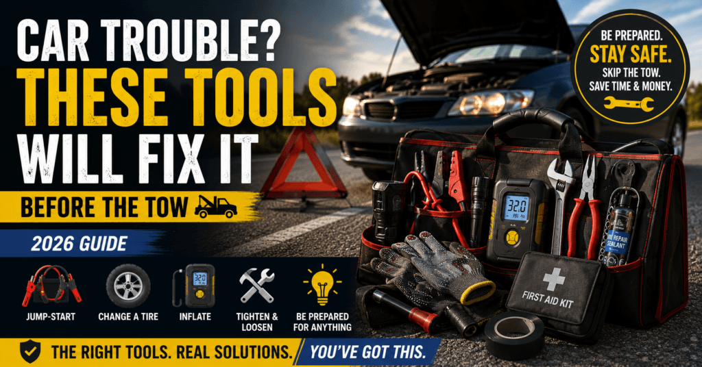 Car Trouble? These Tools Will Fix It Before the Tow 2026 hero image showing a disabled car with the hood open and an emergency roadside toolkit including jumper cables, tire pressure gauge, flashlight, hand tools, gloves, and first aid kit for DIY roadside repairs.