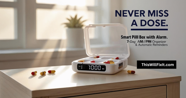 Organized 7-day smart pill box with AM/PM compartments and built-in alarm reminder.