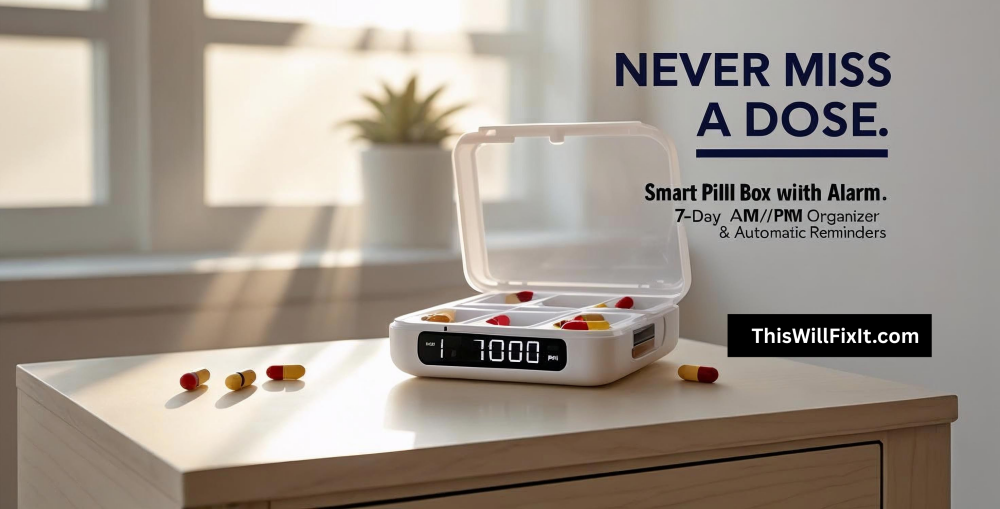 Organized 7-day smart pill box with AM/PM compartments and built-in alarm reminder.