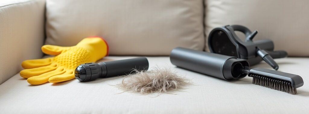 Front view of a couch with pet hair remover items laying on couch.