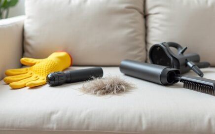 Front view of a couch with pet hair remover items laying on couch.