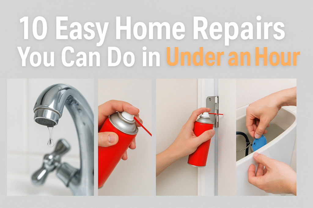 Collage of quick home repair tasks including fixing a dripping faucet, spraying door hinges with lubricant, and adjusting a toilet flapper, with text reading '10 Easy Home Repairs You Can Do in Under an Hour'