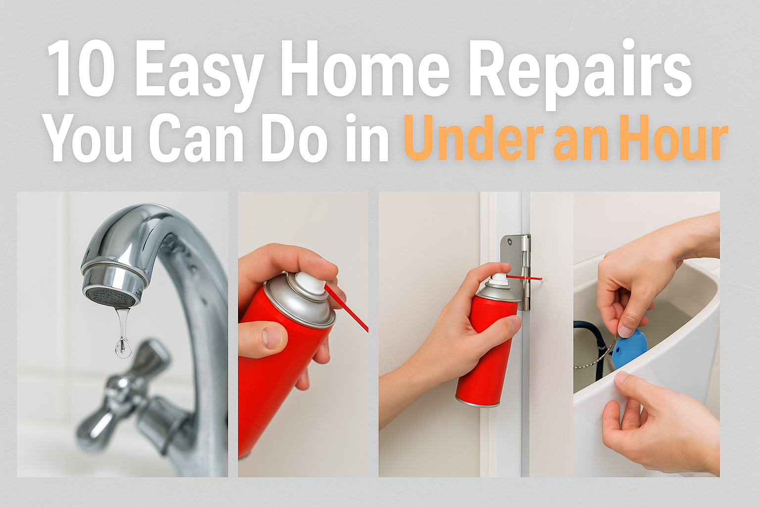Collage of quick home repair tasks including fixing a dripping faucet, spraying door hinges with lubricant, and adjusting a toilet flapper, with text reading '10 Easy Home Repairs You Can Do in Under an Hour'
