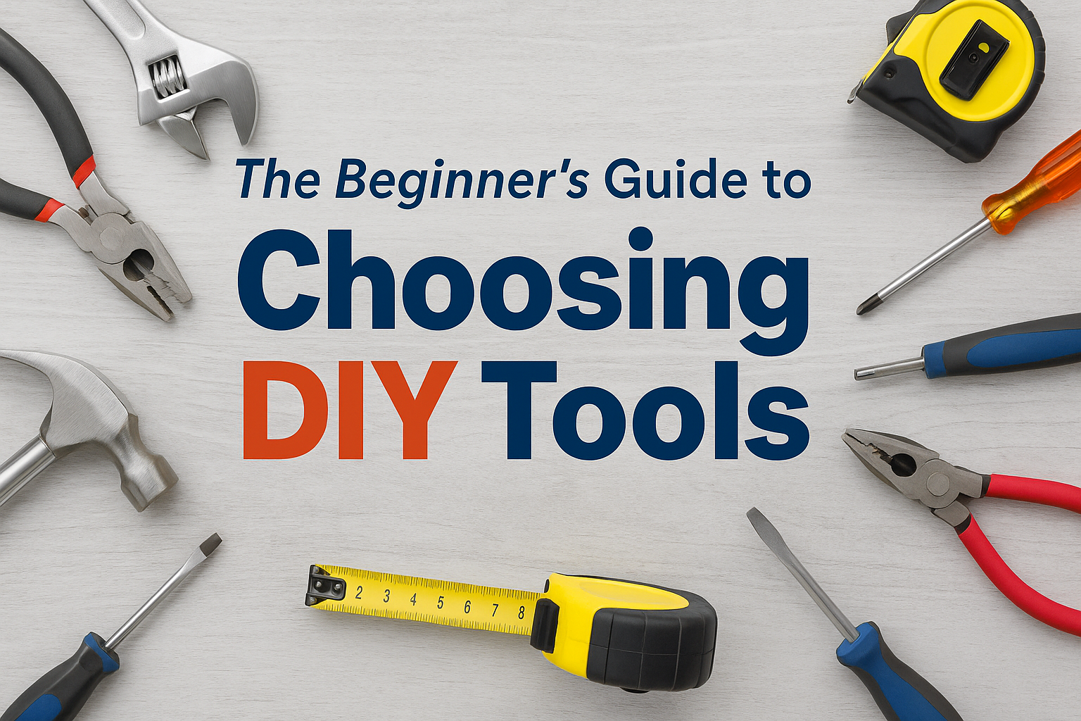 Flat lay of beginner DIY tools including hammer, pliers, screwdrivers, wrench, measuring tape, and level on a light wood background with caption text “The Beginner’s Guide to Choosing DIY Tools” in bold blue and orange lettering.