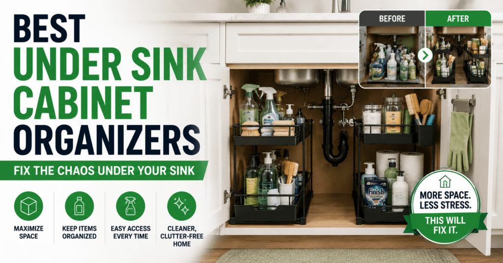 Best Under Sink Cabinet Organizers hero image showing a neatly organized kitchen under-sink cabinet with pull-out storage drawers, cleaning supplies, and organizers that maximize space and eliminate clutter.