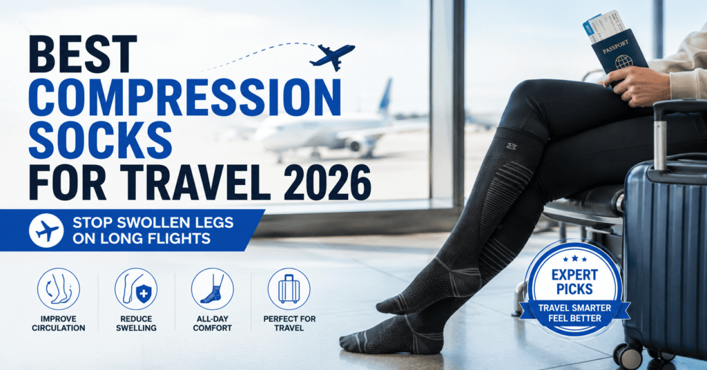 **ALT Tag (SEO Optimized):**

**Best Compression Socks for Travel 2026 hero image showing a traveler wearing knee-high compression socks in an airport terminal before a long flight to help reduce leg swelling and improve circulation.**
