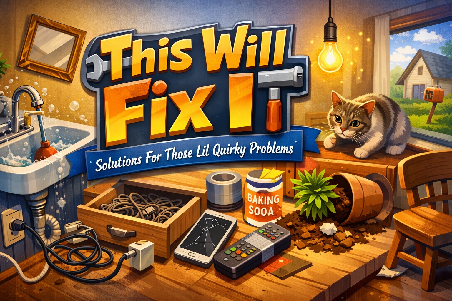 This Will Fix It hero image with tools, home mishaps, and the tagline Solutions For Those Lil Quirky Problems