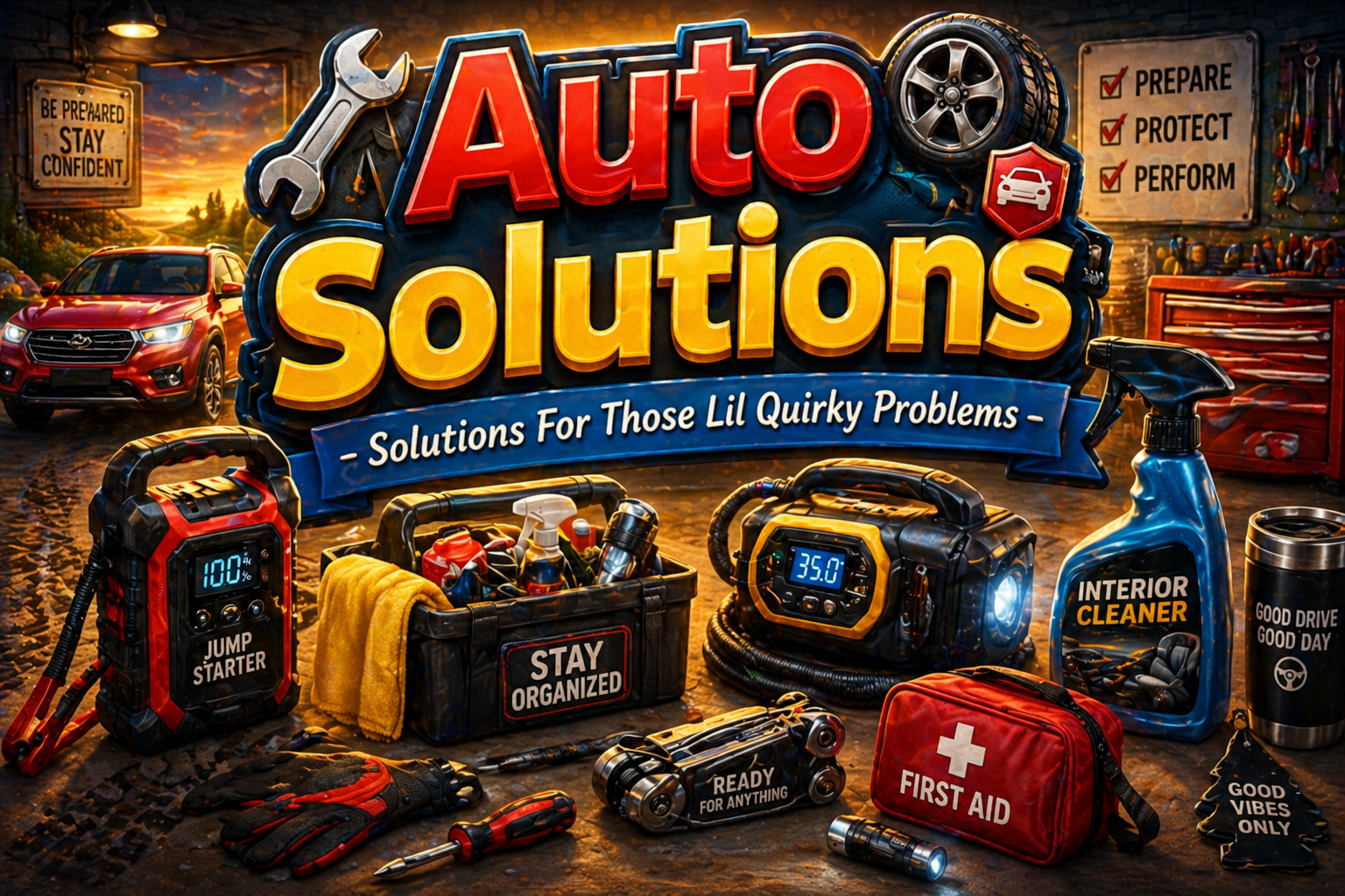 Car solutions that fix everyday auto problems including clutter, emergencies, and maintenance with practical tools that actually work