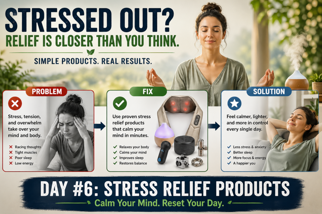 Stress relief products that calm your mind in minutes featuring problem fix solution layout with relaxation tools for anxiety, sleep, and stress reduction