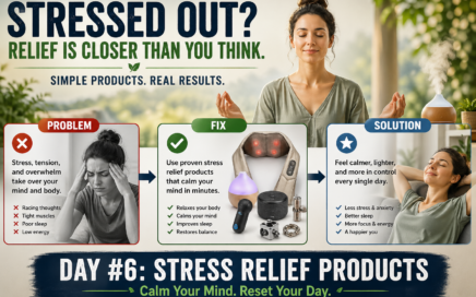 Stress relief products that calm your mind in minutes featuring problem fix solution layout with relaxation tools for anxiety, sleep, and stress reduction