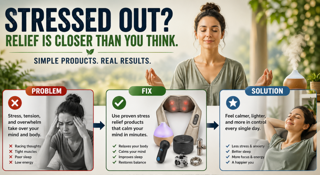 Stress relief products that calm your mind in minutes featuring problem fix solution layout with relaxation tools for anxiety, sleep, and stress reduction