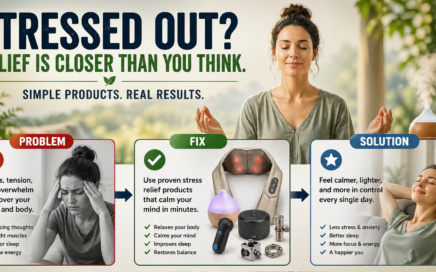 Stress relief products that calm your mind in minutes featuring problem fix solution layout with relaxation tools for anxiety, sleep, and stress reduction