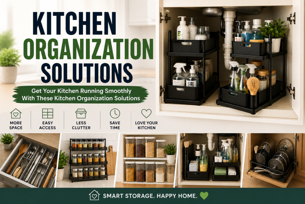 Kitchen organization solutions showing pull-out cabinet organizers, drawer dividers, and spice rack storage