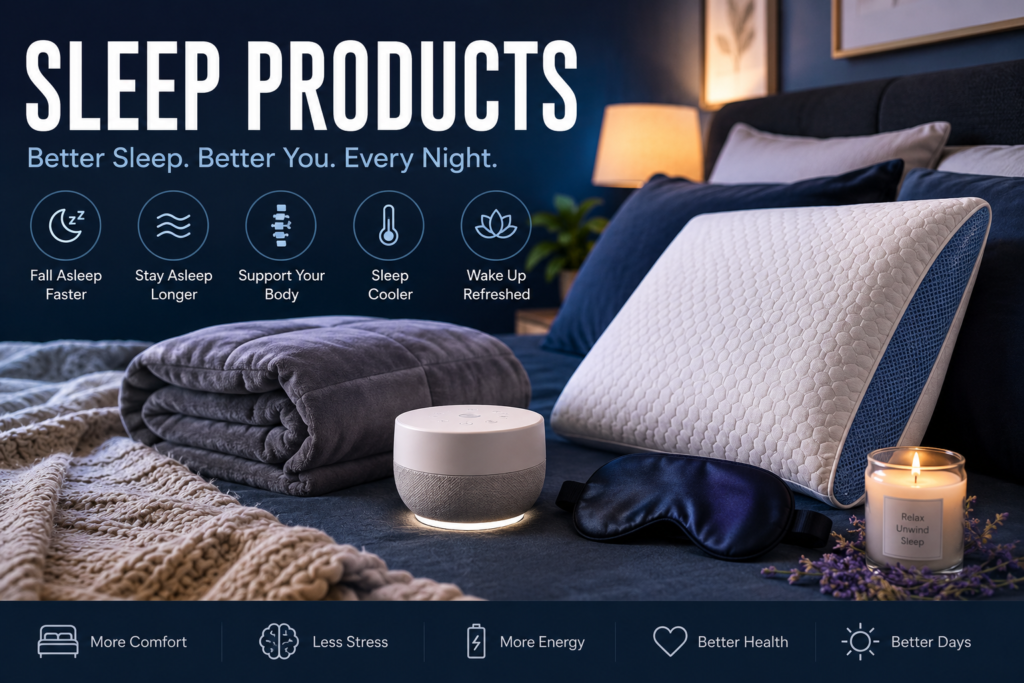 Sleep products hero image showing a relaxing bedroom setup with cooling memory foam pillow, weighted blanket, sleep mask, white noise machine, and calming nighttime lighting designed to improve sleep quality and comfort.